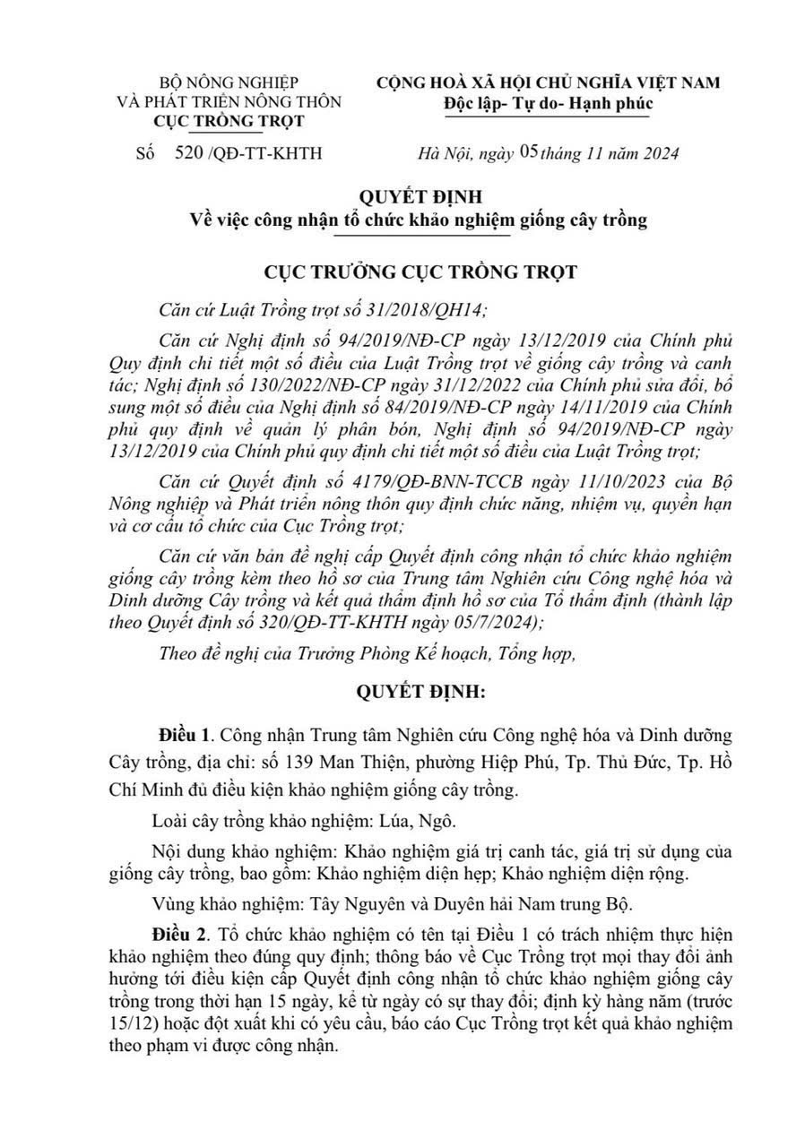 QUYẾT ĐỊNH CÔNG NHẬN TỔ CHỨC ĐỦ ĐIỀU KIỆN KHẢO NGHIỆM GIỐNG CÂY TRỒNG KHU VỰC TÂY NGUYÊN VÀ DUYÊN HẢI NAM TRUNG BỘ