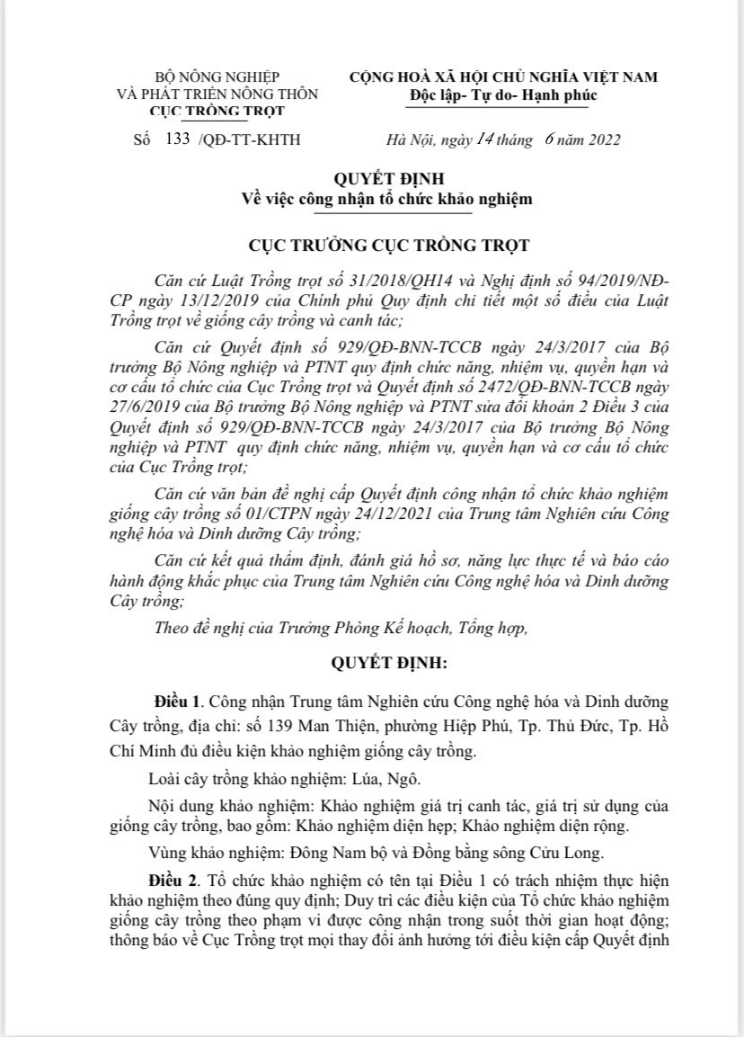 QUYẾT ĐỊNH CÔNG NHẬN TỔ CHỨC ĐỦ ĐIỀU KIỆN KHẢO NGHIỆM GIỐNG CÂY TRỒNG