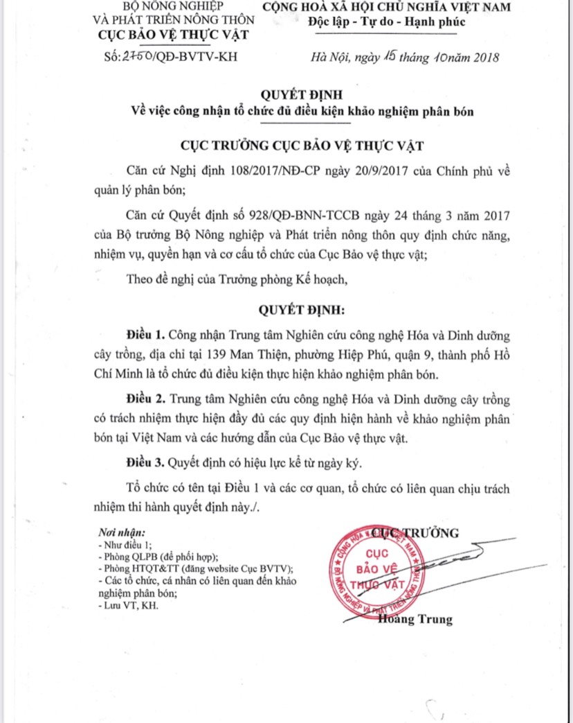 QUYẾT ĐỊNH CÔNG NHẬN TỔ CHỨC ĐỦ ĐIỀU KIỆN KHẢO NGHIỆM PHÂN BÓN